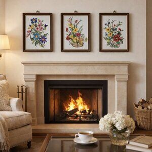 3 Floral Wall Art Trio in Wooden Frames Vintage Cottagecore Embroidery 11 x 14